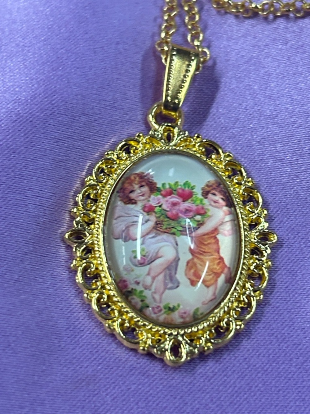 Gold-Tone Cameo 1.5”x1” Pendant Necklace with Pink Floral Cherubs